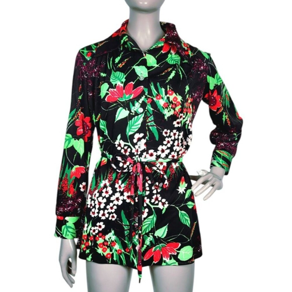 Vtg 60s Montgomery Ward Electric Floral Dagger Collar Mini Dress Belted Blouse